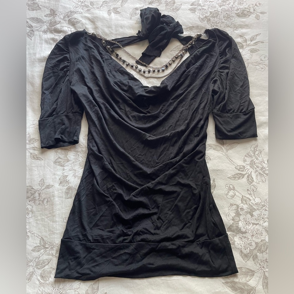 Y2K Black Half Sleeve Cowl Neck Beaded Necklace Top Small Indie Sleaze‎ Grunge